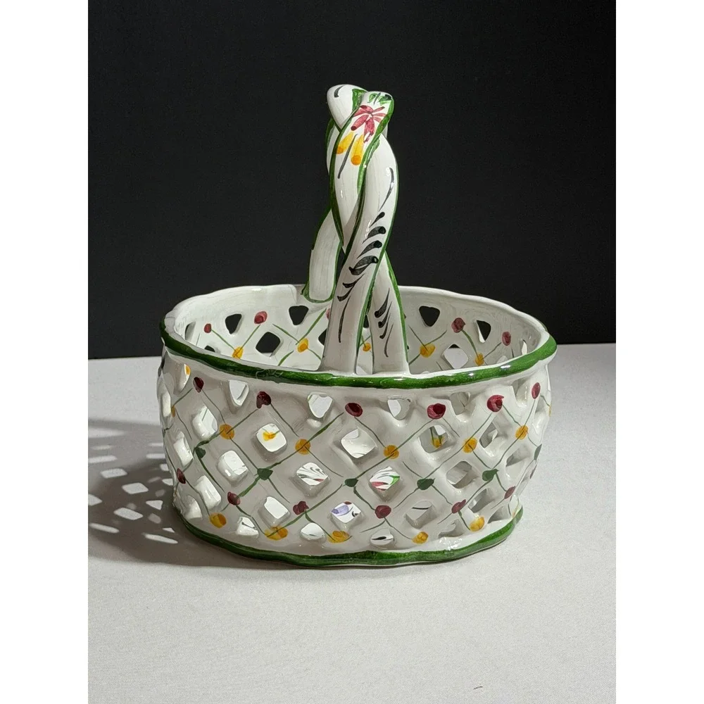 Vintage Hand Painted Portugal Ceramic Reticulated Lattice Floral Basket 406D